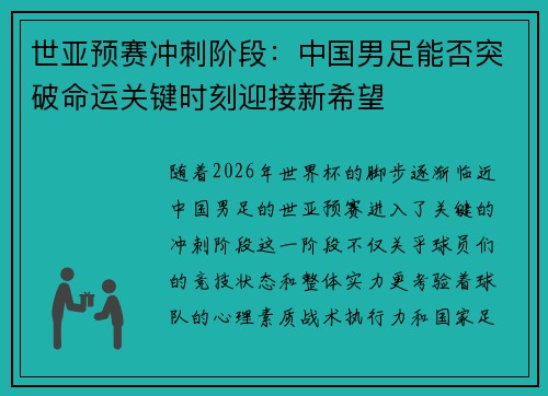 世亚预赛冲刺阶段：中国男足能否突破命运关键时刻迎接新希望